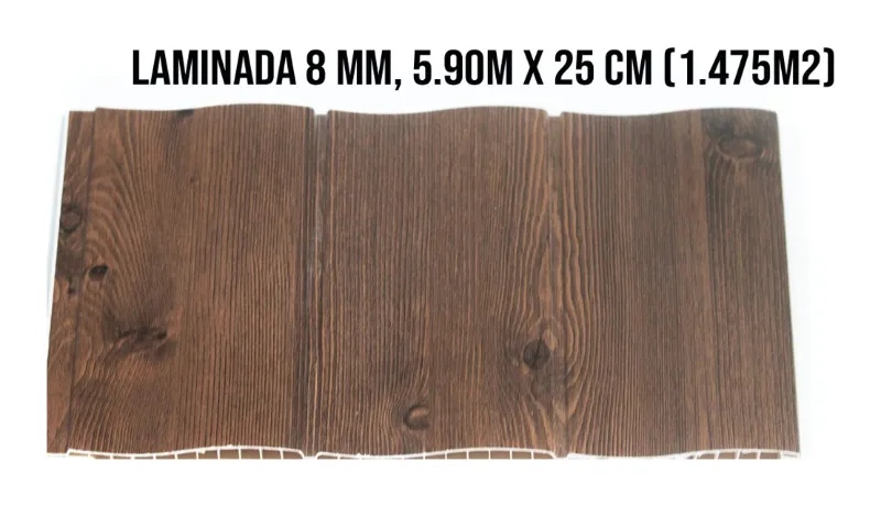 Tablilla premium ondulada café tipo madera laminada 8 mm, 5.90 m × 25 cm (1.475 m²)