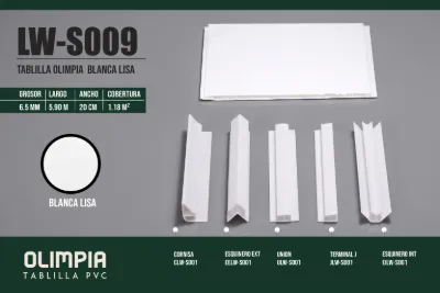 Tablilla olimpia blanca lisa 6.5 mm, 5.90 m × 20 cm (1.18 m²)