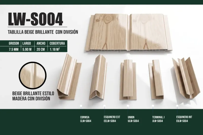 Tablilla beige brillante estilo madera con vetas y división 7.5 mm, 5.90 m × 20 cm (1.18 m²)