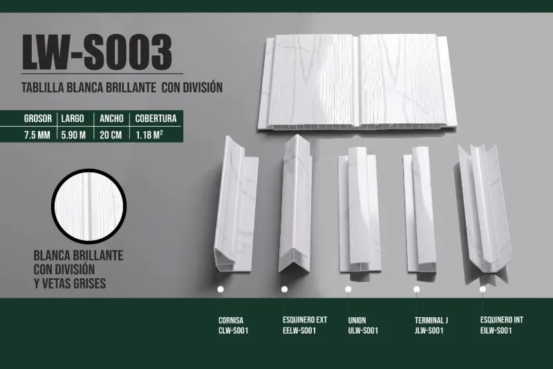 Tablilla blanca brillante con división y vetas grises 7.5 mm, 5.90 m × 20 cm (1.18 m²)