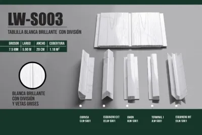 Tablilla blanca brillante con división y vetas grises 7.5 mm, 5.90 m × 20 cm (1.18 m²)