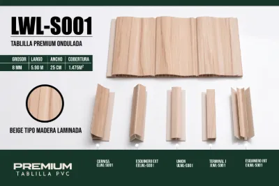 Tablilla premium ondulada beige tipo madera laminada 8 mm, 5.90 m × 25 cm (1.475 m²)