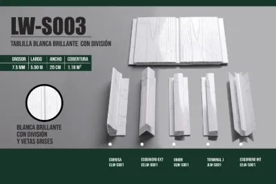 Tablilla blanca brillante con división y vetas grises 7.5 mm, 5.90 m × 20 cm (1.18 m²)