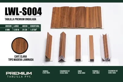Tablilla premium ondulada café clara tipo madera laminada 8 mm, 5.90 m × 25 cm (1.475 m²)