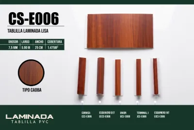 Tablilla laminada liso tipo caoba natural 7.5 mm, 5.90 m × 25 cm (1.475 m²)