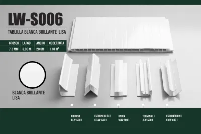 Tablilla blanca brillante lisa 7.5 mm, 5.90 m × 20 cm (1.18 m²)