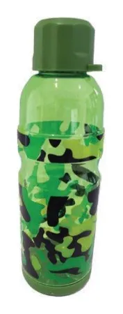 Botella plástica diseño camuflaje con argolla de transporte colores varios