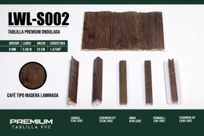 Tablilla premium ondulada café tipo madera laminada 8 mm, 5.90 m × 25 cm (1.475 m²)