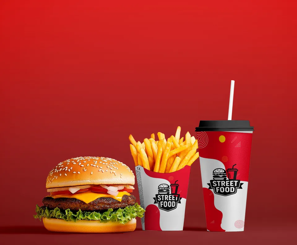 Hamburguesa, papas y bebida en empaques personalizados